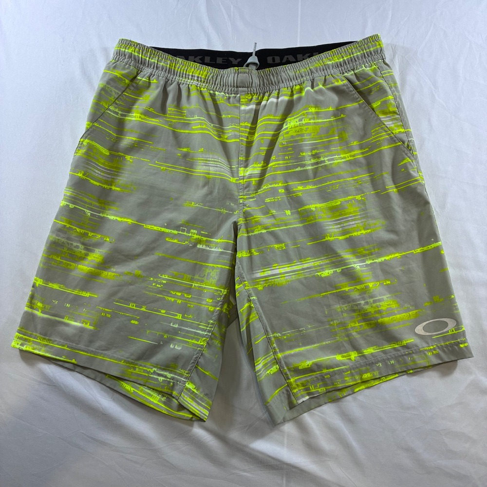 Oakley Hydrofree Mens Athletic Shorts Neon Yellow Grey Glitch Pattern Size L